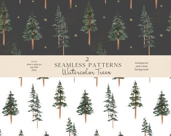 Watercolor Forest Tree Seamless Pattern: Woodland Digital Paper PNG (Commercial Use)