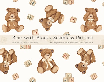 Watercolor Teddy Bear Seamless Pattern: Nursery Fabric Print (PNG Digital Download)