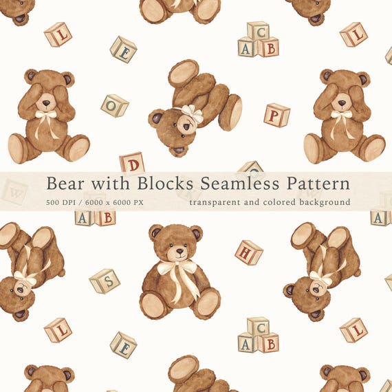 Watercolor Teddy Bear Seamless Pattern: Nursery Fabric Print (PNG Digital Download)