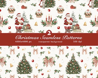 Watercolor Christmas Seamless Patterns: Vintage Holiday Scrapbook Paper (Digital Download)