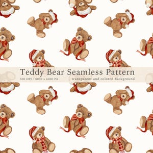 Puede incluir: Patrón sin costuras de osos de peluche marrones con lazos rojos, algunos con gorros y bufandas de Papá Noel. El fondo es blanco. Ideal para proyectos con temática festiva o infantil.
