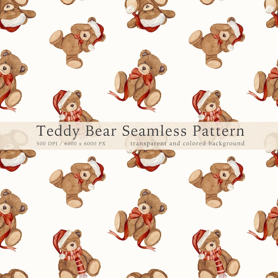 Christmas Teddy Bear Seamless Pattern: Watercolor Nursery Fabric Print (PNG Digital Download)