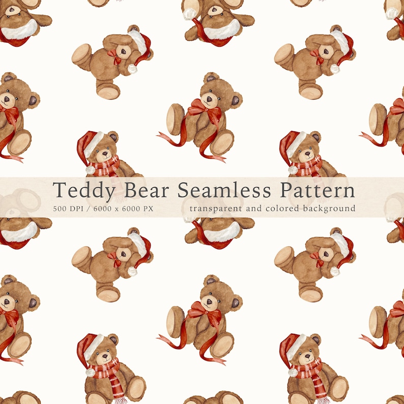 Christmas Teddy Bear Seamless Pattern: Watercolor Nursery Fabric Print (PNG Digital Download)