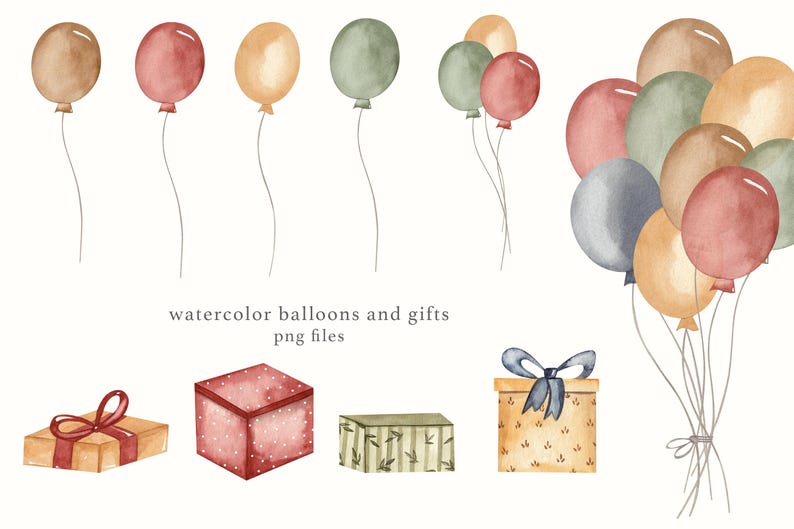 Watercolor Birthday Party Clipart Set: Cake, Balloons & Decorations ...