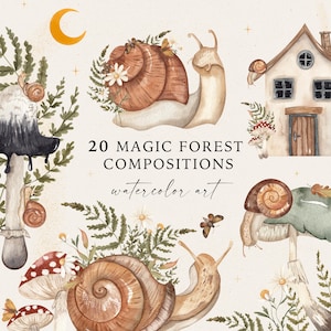 Acuarela Bosque Mágico Composiciones Bosque Animales Caracoles Clipart Cuentos Hongo Helecho Luna Casa Místico Otoño Guardería Impresión Png