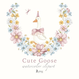 水彩ガチョウのクリップアート、ピンクのかわいいガチョウのイラスト、花と手描きのガチョウ、ベビーシャワー、保育園のアート、商用利用可能なPNG