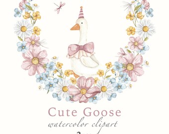 Clipart de ganso en acuarela, arte floral para baby shower (PNG)