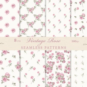 ヴィンテージ水彩画風バラのシームレスパターン、コテージコア風花柄生地、ピンクのロマンチックな壁紙（PNGデジタルダウンロード）