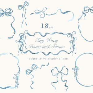 Fiocchi e cornice blu acquerello, piccolo fiocco ondulato Coquette, clipart di nastri per baby shower, decorazioni per matrimonio, primo compleanno, PNG digitale
