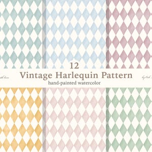Puede incluir: Una colección de 12 patrones de arlequín vintage en acuarela. Los patrones presentan formas de diamante en varios colores, incluyendo azul, rosa, verde y amarillo, sobre un fondo crema. El texto dice "Vintage Harlequin Pattern" y "hand-painted watercolor."