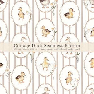 Peut inclure: Un motif sans couture avec des illustrations à l'aquarelle de canards dans des cadres ovales, sur un fond rayé. Les canards sont dans diverses poses, avec des marguerites et le texte "Cottage Duck Seamless Pattern". Le motif a un fond transparent et coloré.