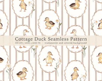 Cottagecore Duck Seamless Pattern, Watercolor Duckling  Fabric Print (PNG Digital Download)