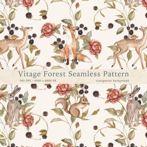 May include: A seamless pattern featuring a vintage forest scene with a fox, deer, squirrel, and rabbits. The pattern is filled with watercolor illustrations of pink roses, green leaves, and blackberries.