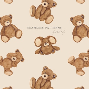 Watercolor Teddy Bear Seamless Pattern, Vintage Nursery Baby Bear, Cute Boho Neutral Toy Bear Print, Printing Textile, Digital Scrapbook PNG