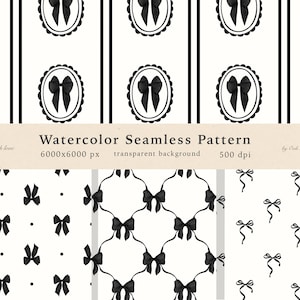 Puede incluir: Patrón sin costuras de acuarela con lazos negros sobre fondo blanco. El diseño incluye varios estilos de lazos, incluidos los que están dentro de marcos ovalados y arreglos dispersos. La imagen también contiene el texto "Watercolor Seamless Pattern".