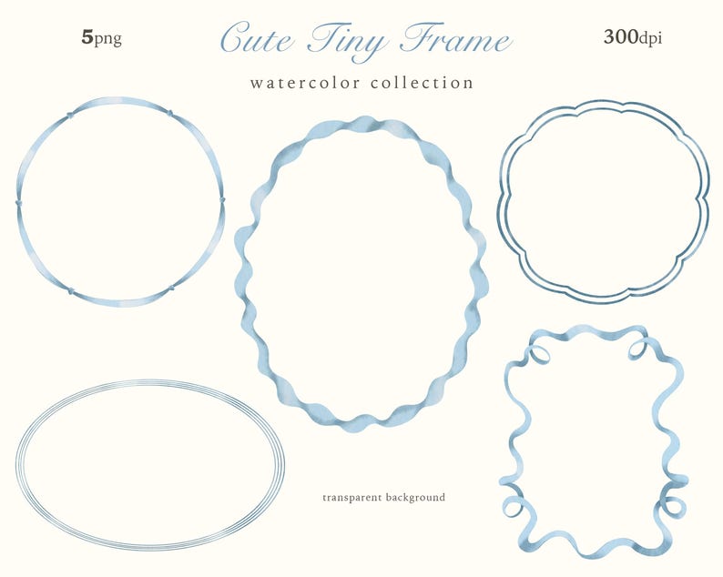 Watercolor Frame Clipart, Blue Bow & Ribbon Tiny Frames, Cute Wavy Borders, Vintage  Wedding Invitation, Nursery Print, Digital Download PNG