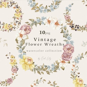 Clipart de guirlanda floral vintage, flor de prado em aquarela, flores silvestres, moldura de rosas, cartão de convite de casamento, logotipo, cartão de felicitações botânico PNG