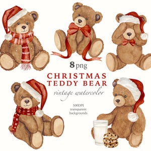 Puede incluir: Ilustraciones en acuarela de osos de peluche marrones en varias poses, con gorros y bufandas de Papá Noel. Un oso tiene un lazo rojo, otro se cubre los ojos. Texto: "Christmas Teddy Bear, vintage watercolor."