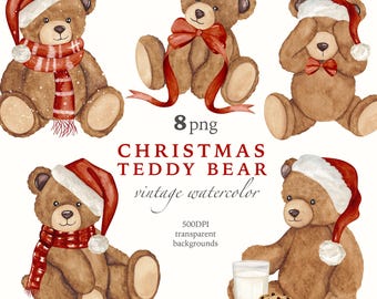 Christmas Teddy Bear Watercolor Clipart: Festive Holiday Illustration (Digital Download PNG)