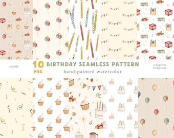 Watercolor Birthday Seamless Patterns, Party Digital Paper, Baby Shower Backgrounds, Wrapping Paper PNG