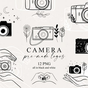 Aparat fotograficzny Premade Logo Line Art Clipart Fotografia Logo Ręka Flora Magia Rysunek Linii Projekt Logo Kwiaty Polne Słodkie Aparaty Znak Wodny DIY PNG