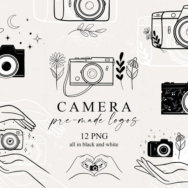 Camera Premade Logo Line Art Clipart Photography Logo Hand Flora Magic Line Drawing Logo Design Wildflowers Cute Cameras Watermark DIY PNG