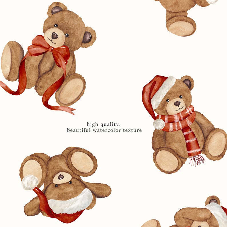 Christmas Teddy Bear Seamless Pattern: Watercolor Nursery Fabric Print (PNG Digital Download)