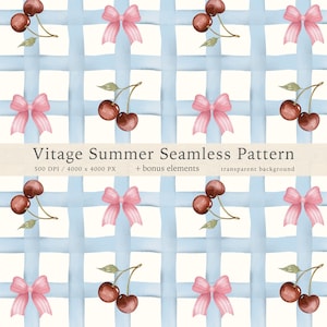 May include: A seamless pattern featuring pink bows and red cherries on a blue and white gingham background. The pattern is perfect for summer crafts and projects.