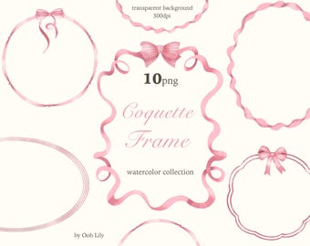 Watercolor Pink Bow Frames: Coquette Ribbon Clipart (Digital Download PNG)