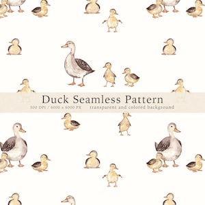 Könnte beinhalten: Ein nahtloses Muster mit Aquarellillustrationen von Enten und Entenküken in verschiedenen Posen. Die Enten sind in Grau-, Braun- und Cremetönen gehalten und vor einem weißen Hintergrund platziert. Der Text "Duck Seamless Pattern" wird angezeigt.