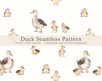 Watercolor Duckling Seamless Pattern, Neutral Nursery Duck Fabric Print (PNG Digital Download)