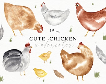 Watercolor Chicken Clipart: Farm Animal Illustrations (PNG Digital Download)