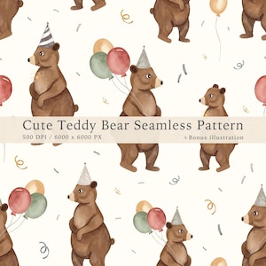 Padrão de aniversário de urso de pelúcia aquarela sem emendas, papel digital para festa (PNG 500DPI)