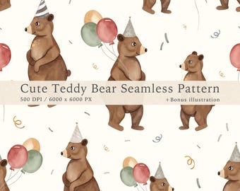May include: A seamless pattern featuring cute teddy bears wearing party hats and holding balloons. The background is white with confetti and streamers. The text "Cute Teddy Bear Seamless Pattern" is at the bottom of the image.