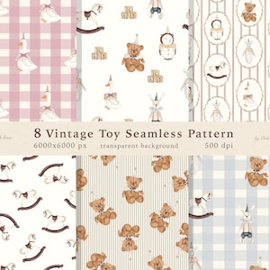 Vintage Toy Seamless Pattern, Nursery Watercolor Baby Animal, Cute Bear Goose Rocking Horse Print, Printing Textile, Digital Scrapbook PNG