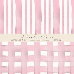 Puede incluir: Dos patrones sin costuras con efecto acuarela. Un patrón presenta rayas blancas verticales sobre un fondo rosa. El otro patrón tiene un diseño de cuadrícula rosa y blanco. La imagen incluye el texto "2 Seamless Patterns".