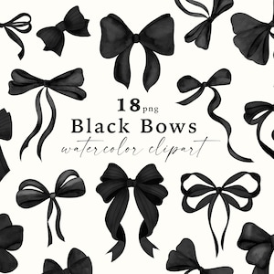 Clipart aquarelle de noeuds noirs, ruban noir de noeuds de coquette, noeud d'Halloween, images dessinées à la main, éléments d'invitation de fête, sublimation PNG