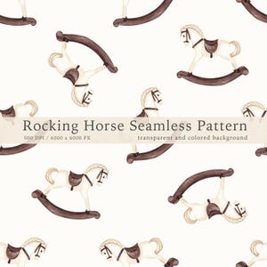 Puede incluir: Patrón sin costuras con ilustraciones en acuarela de caballos balancines blancos con balancines y sillas de montar marrones. El patrón incluye el texto "Rocking Horse Seamless Pattern" y detalles sobre la resolución de la imagen y las opciones de fondo.