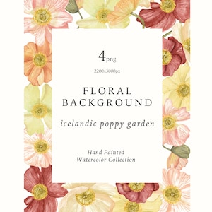 Clipart cadre floral aquarelle, bordure de fleurs, jardin d'été printemps, fond floral lumineux coquelicot, invitation de mariage, sublimation png