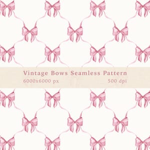 May include: A seamless pattern featuring pink vintage bows on a white background. The pattern is 6000x6000 pixels and 500 dpi.