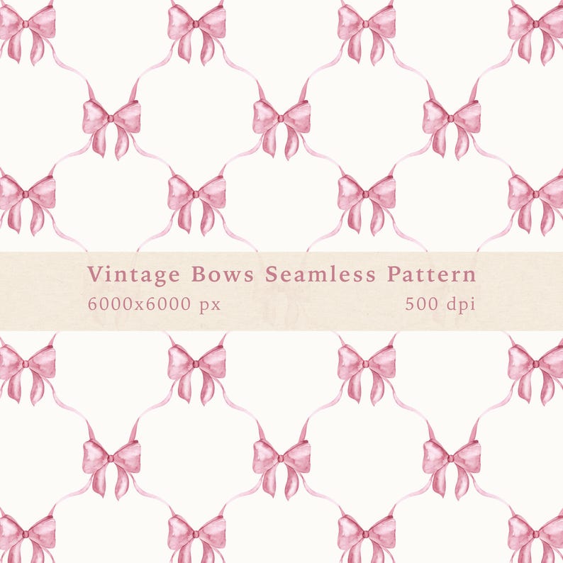 Vintage Bow Watercolor Pattern, Cute Pink Bows Print, Seamless Pattern, Coquette Pattern, Use for Printing Textiles, Digital Scrapbook Paper