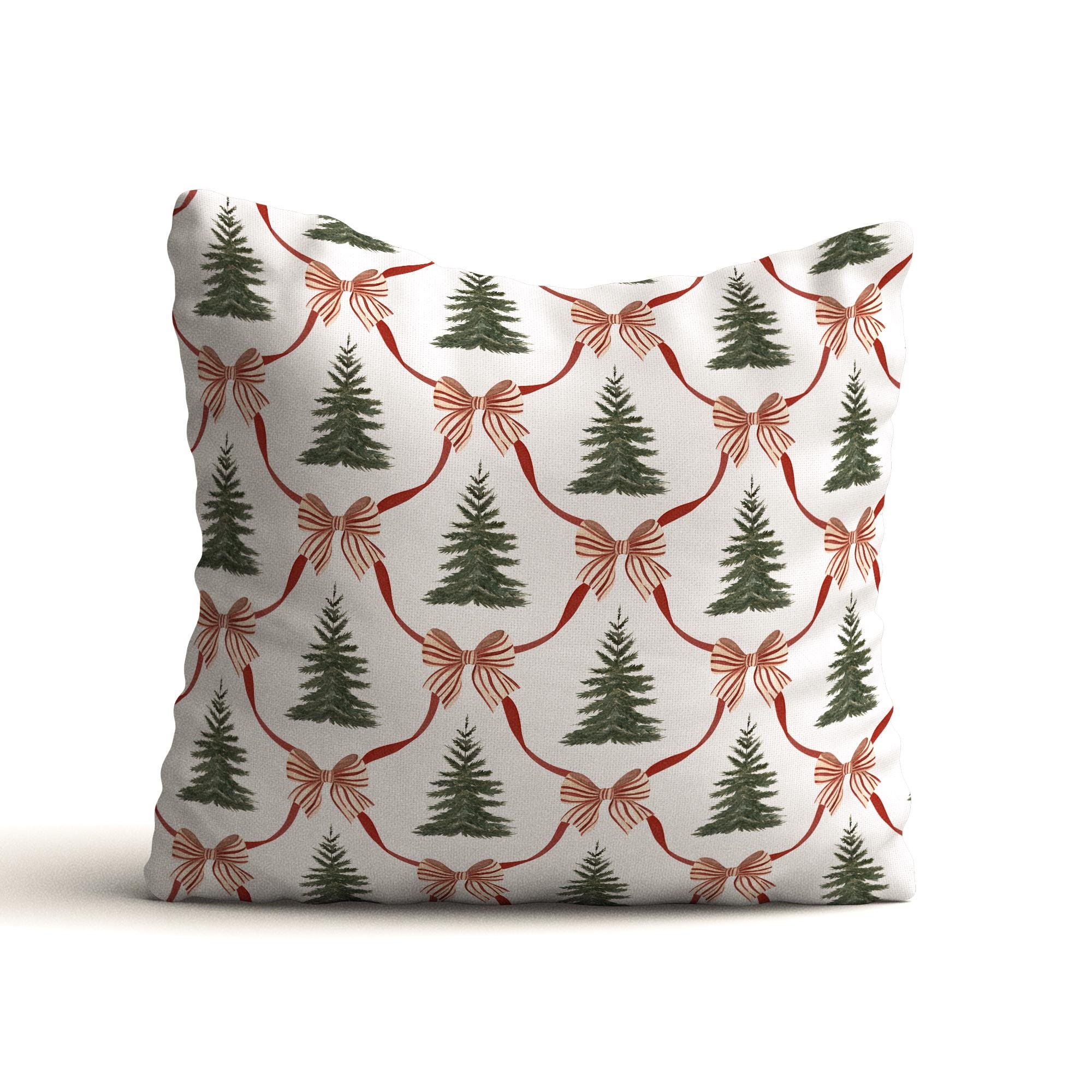 Christmas Watercolor Seamless Pattern: Red Bows & Trees (PNG Digital ...