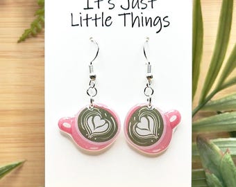 Matcha Dangle Earrings, Green Tea Earrings, Kawaii Earrings, Cute Earrings, Pink Earrings, Green Earrings, Tea Lover Gift, Tea Aesthetic.