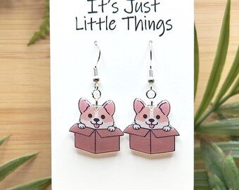 Corgi in a Box Dangle Earrings, Dog Earrings, Corgi Earrings, Dog Mom, Animal Earrings, Corgi Mom, Funny Earrings, Cute Corgi, Dog Jewelry.