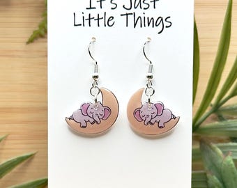 Cute Elephant on a Moon Dangle Earrings, Elephant Jewelry, Elephant Earrings, Cute Earrings, Animal Earrings, Birthday Gift.