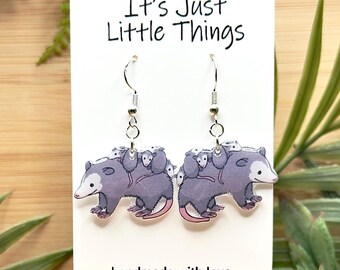 Opossum Family Dangle Earrings, Animal Earrings, Kawaii Earrings, Cute Earrings, Unique Earrings, Kawaii Jewelry, Quirky Earrings.