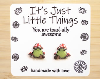 Frog with Snail Earrings, Frog Earrings, Kawaii Earrings, Mushroom Earrings, Unique Earrings, Cute Earrings, Funny Earrings, Mushroom Decor.