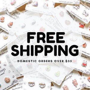 May include: A collection of small, colorful, handmade earrings on white cards with the text "It's Just Little Things" and "You are purr-fect". The text "FREE SHIPPING DOMESTIC ORDERS OVER $35" is displayed in large, bold, black letters.