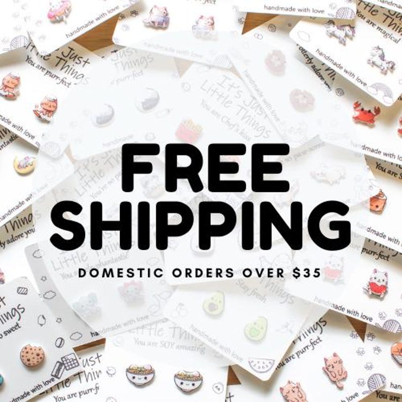 May include: A collection of small, colorful, handmade earrings on white cards with the text "It's Just Little Things" and "You are purr-fect". The text "FREE SHIPPING DOMESTIC ORDERS OVER $35" is displayed in large, bold, black letters.