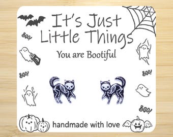 Skeleton Cat Earrings, Halloween Gift, Halloween Earrings, Black Cat Earrings, Skeleton Earrings, Trick Or Treat Bag, Cat Earrings, Kitty.